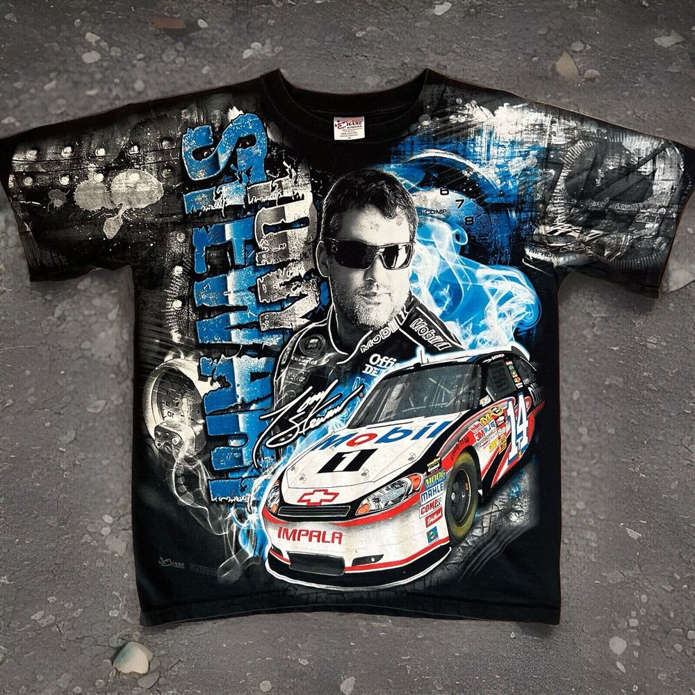 Tony Stewart Nascar Shirt M Black Multicolor Y2K All Over Print Racing Art